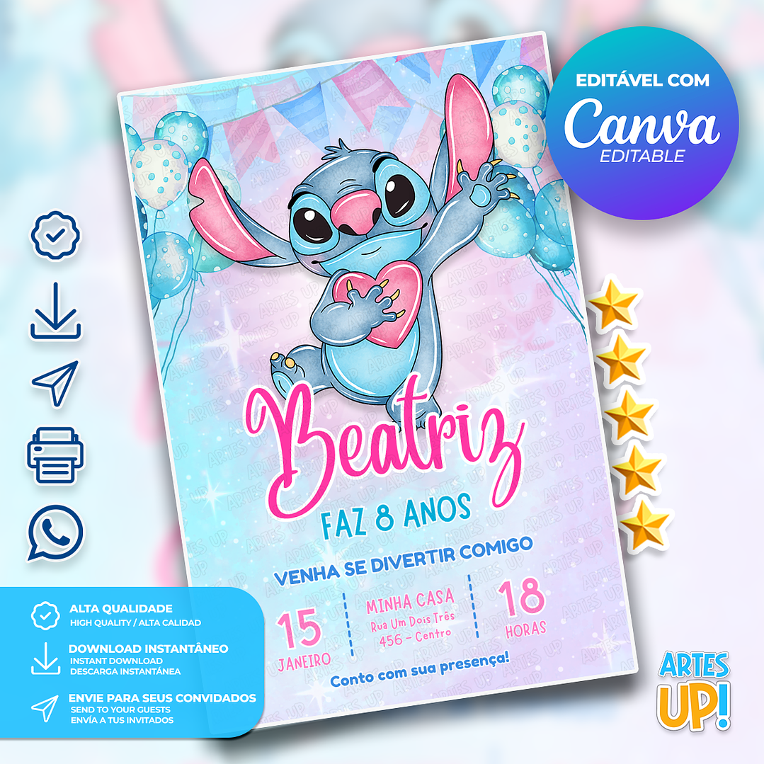 Convite de Aniversário Stitch Aquarela 1