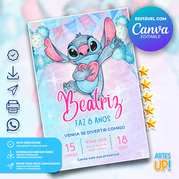 Convite de Aniversário Stitch Aquarela 1