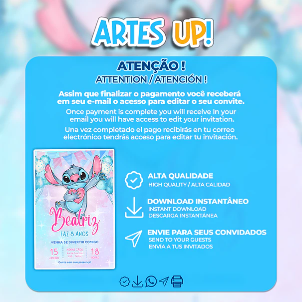 Convite de Aniversário Stitch Aquarela 2