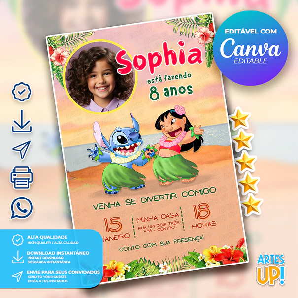 Convite de Aniversário Lilo e Stitch com Foto 1