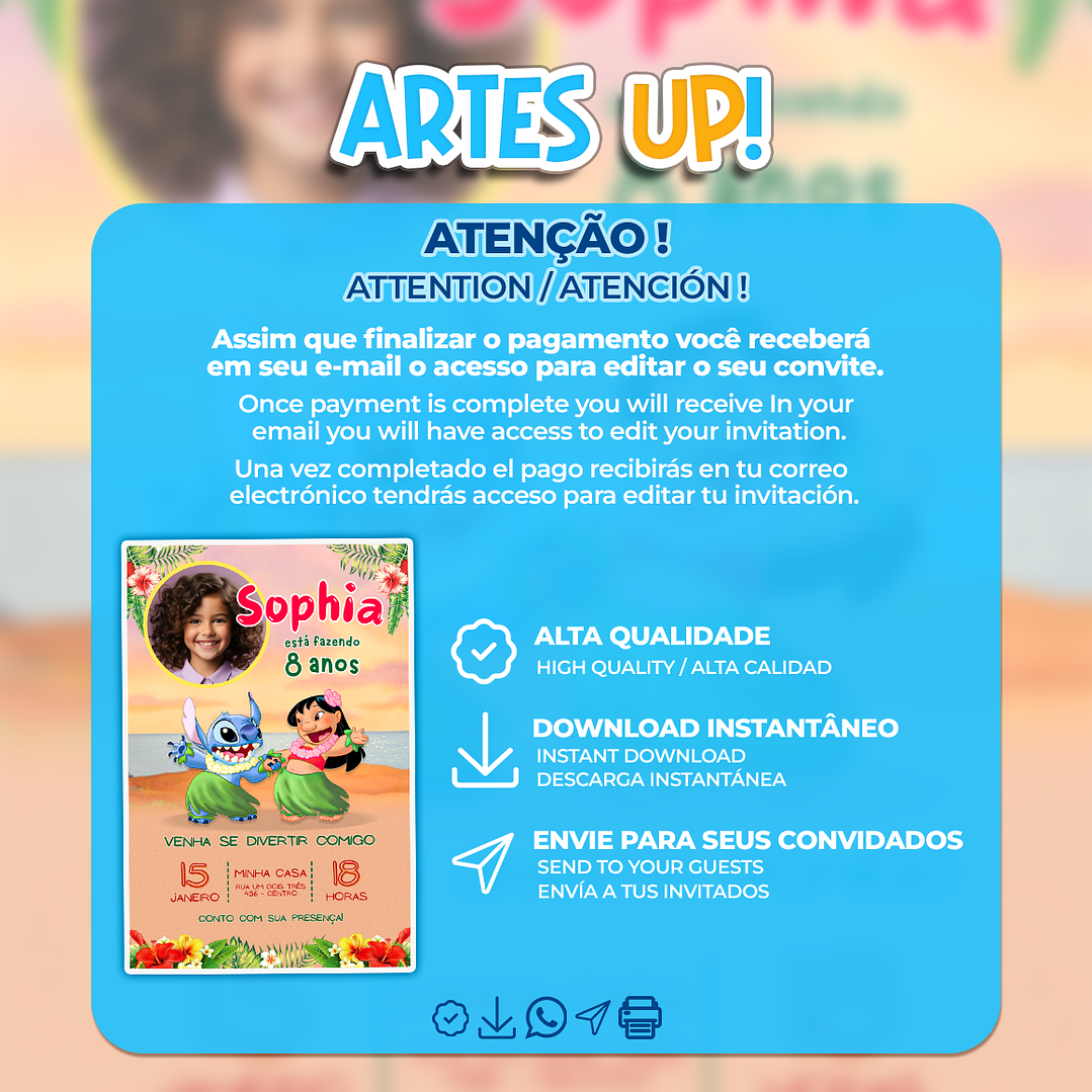 Convite de Aniversário Lilo & Stitch com Foto 2