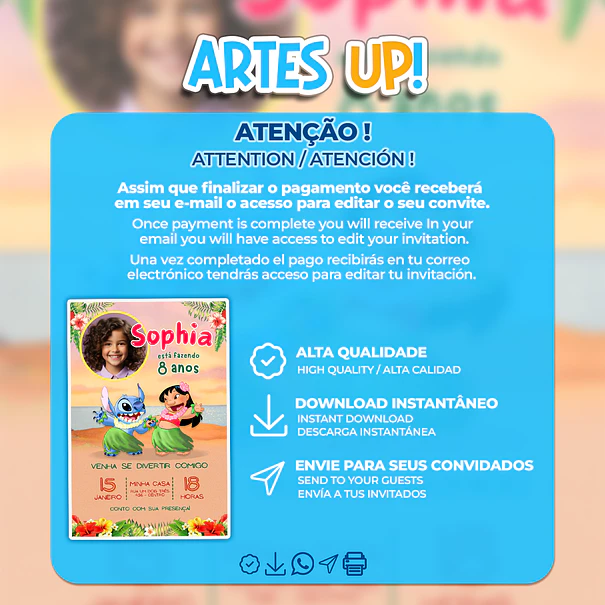 Convite de Aniversário Lilo e Stitch com Foto 2
