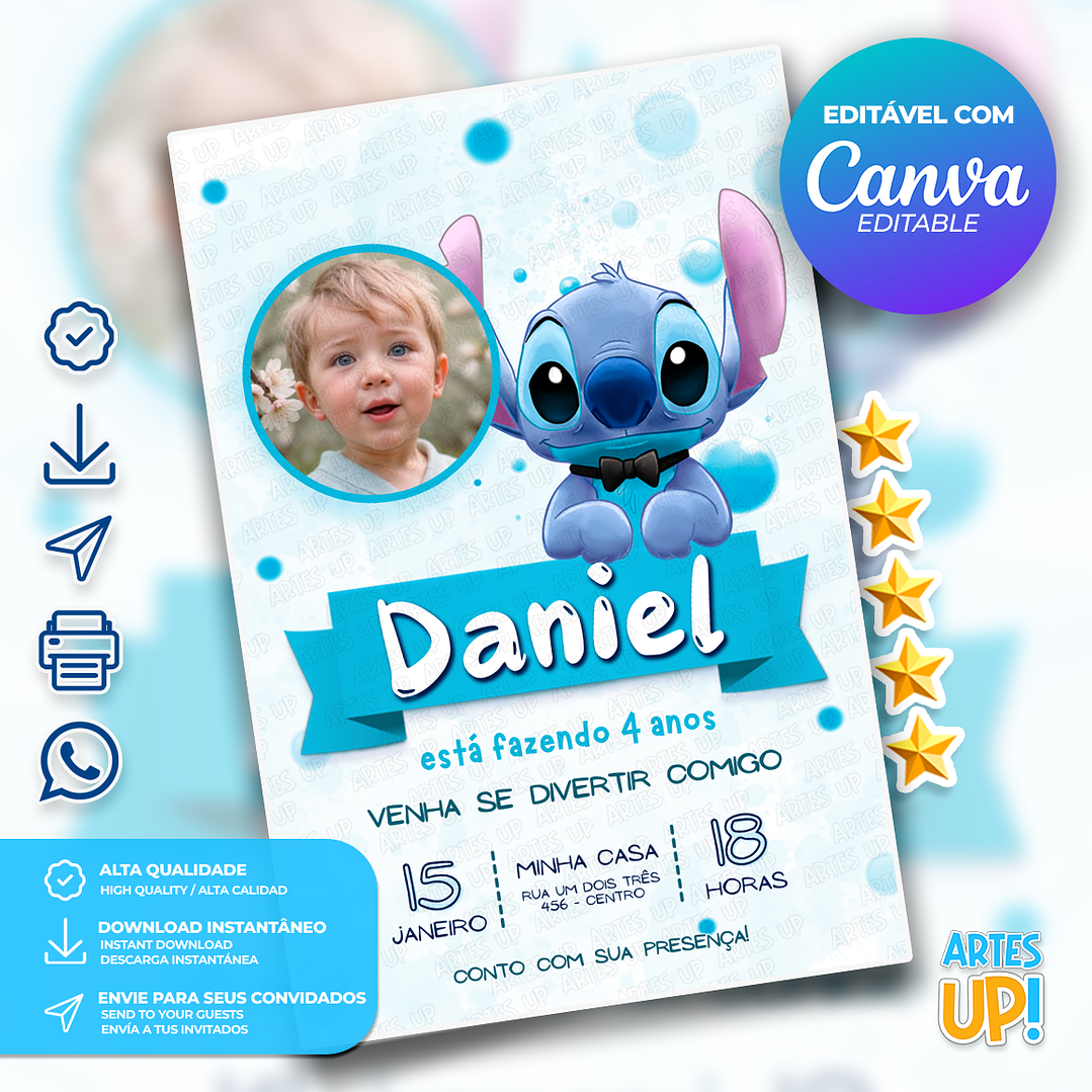 Convite de Aniversário Stitch com Foto 1