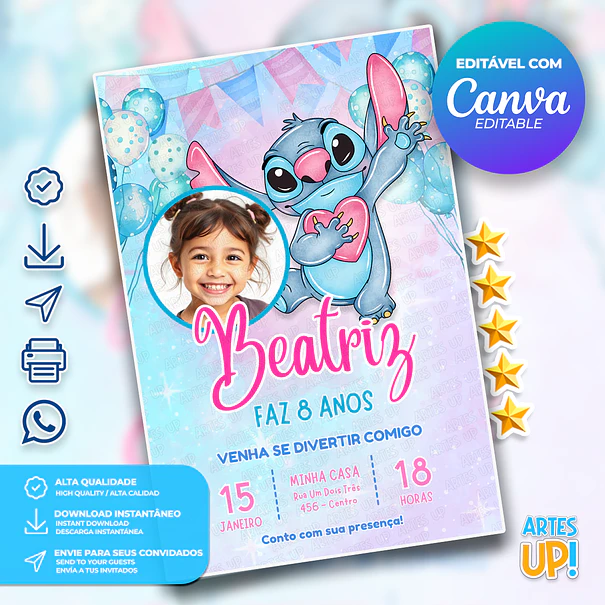 Convite de Aniversário Stitch aquarela com Foto 1
