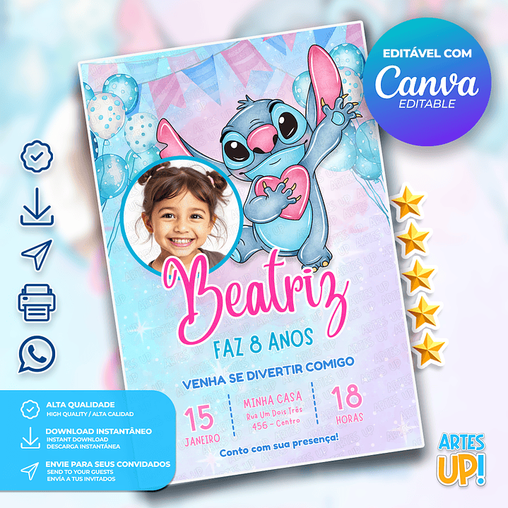 Convite de Aniversário Stitch aquarela com Foto 1
