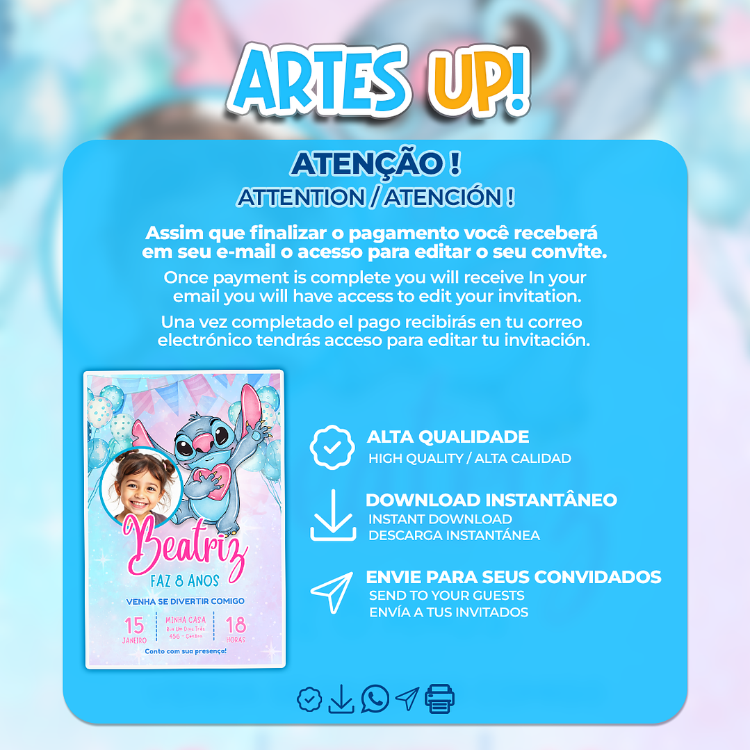 Convite de Aniversário Stitch aquarela com Foto 2