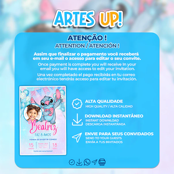 Convite de Aniversário Stitch aquarela com Foto 2