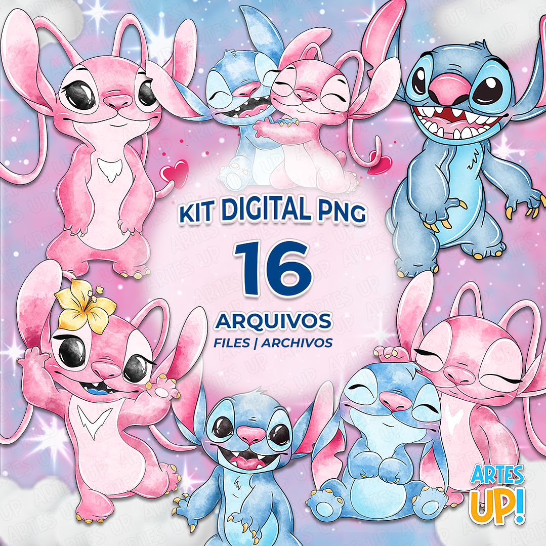 Kit Digital PNG Stitch e Angel Clipart Aquarela 1