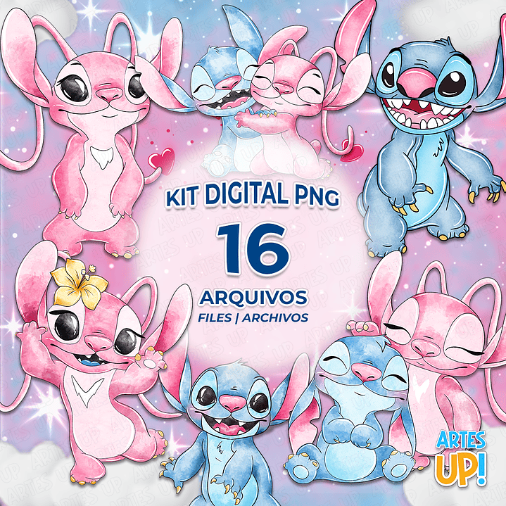 Kit Digital PNG Stitch e Angel Clipart Aquarela 1