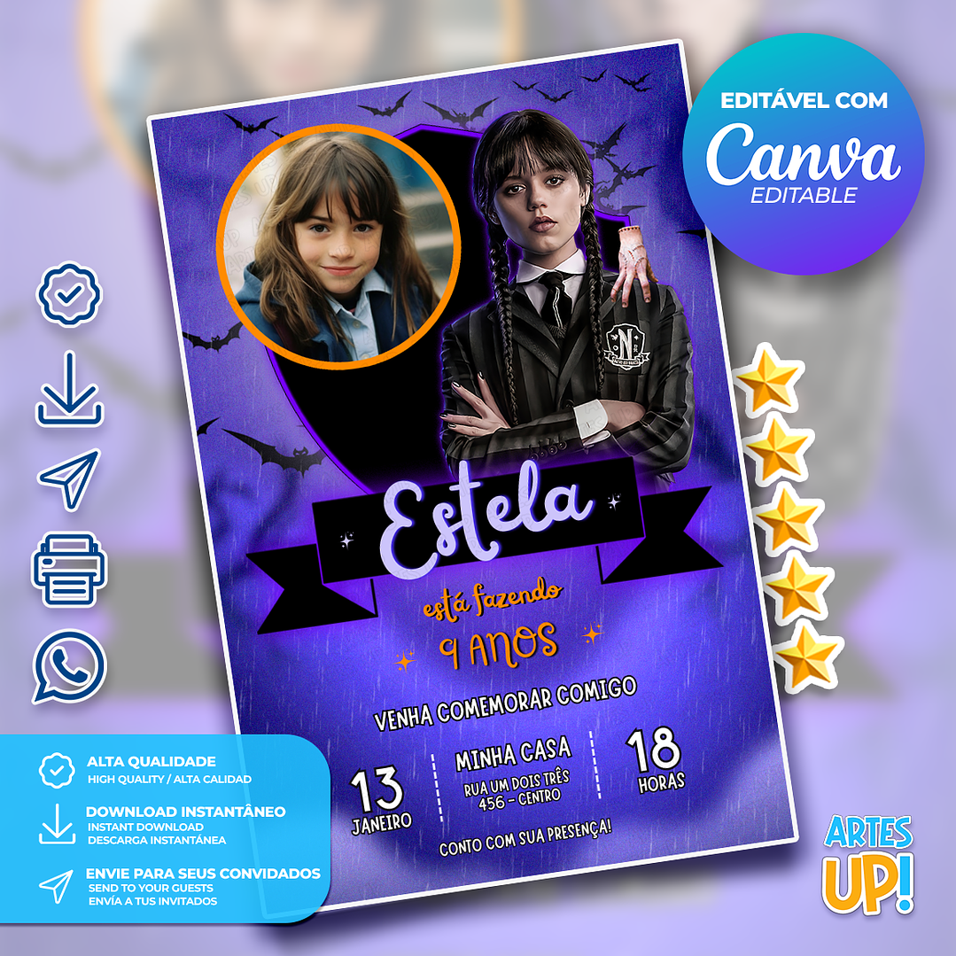 Convite de Aniversário Wandinha Addams com Foto 1