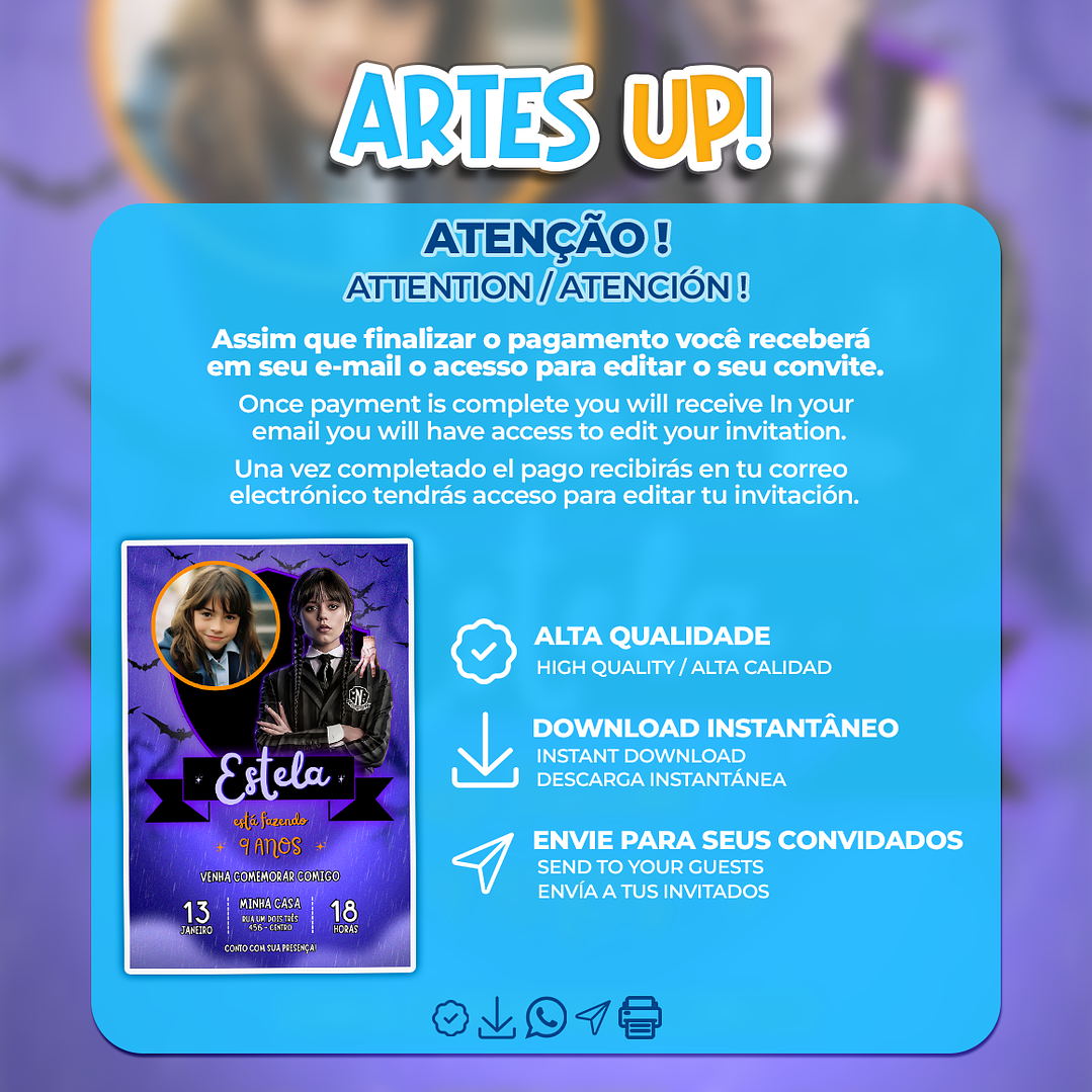 Convite de Aniversário Wandinha Addams com Foto 2