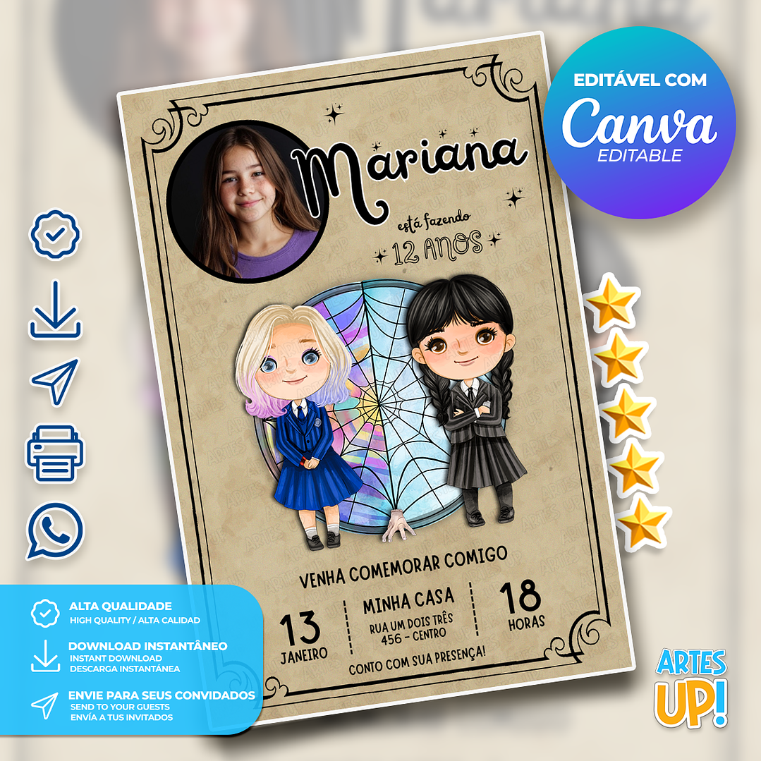 Convite de Aniversário Wandinha e Enid com Foto 1