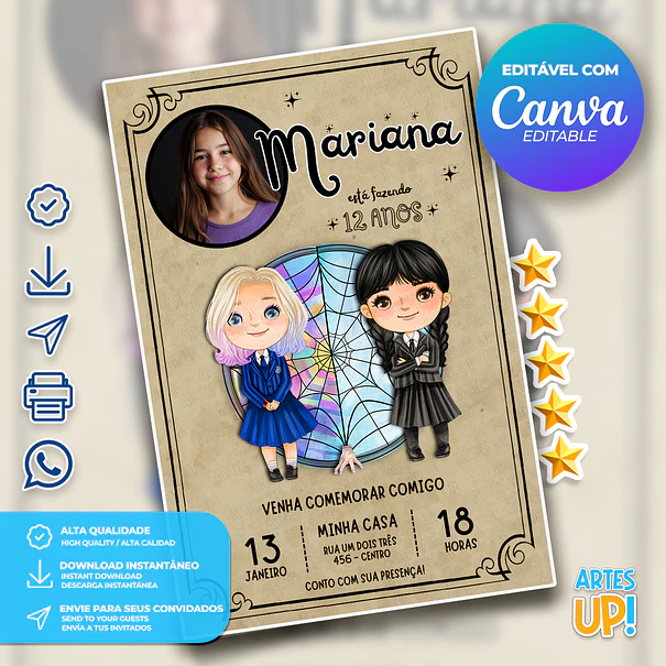 Convite de Aniversário Wandinha e Enid com Foto 1