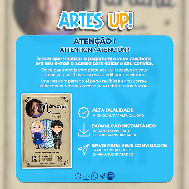 Convite de Aniversário Wandinha e Enid com Foto 2