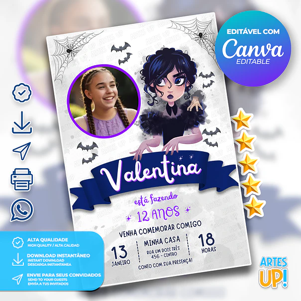 Convite de Aniversário Wandinha Aquarela com Foto 1