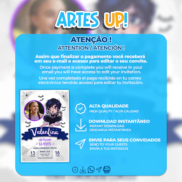Convite de Aniversário Wandinha Aquarela com Foto 2