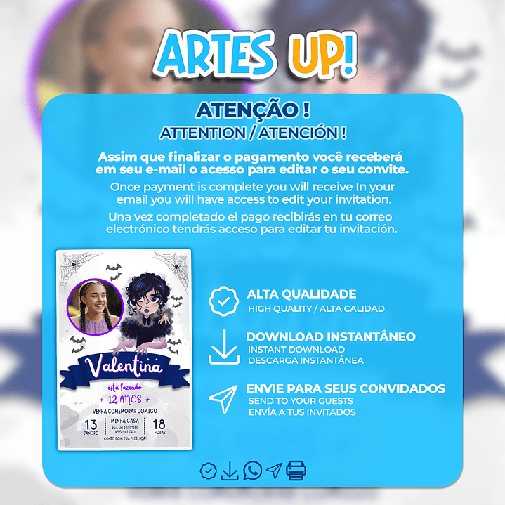 Convite de Aniversário Wandinha Aquarela com Foto 2