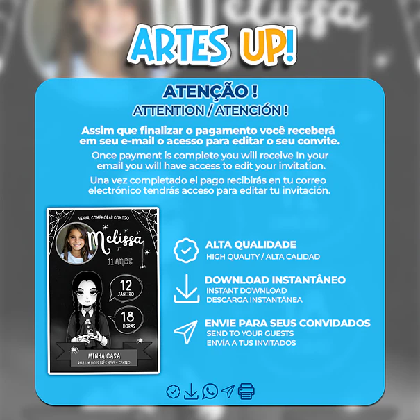 Convite de Aniversário Wandinha Addams com Foto 2