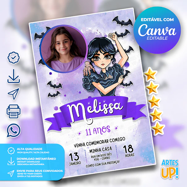 Convite de Aniversário Wandinha Aquarela com Foto 1