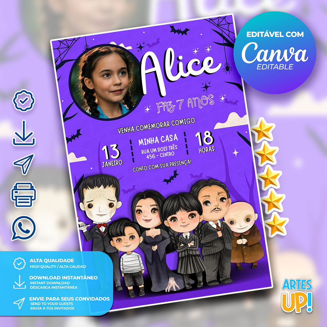 Convite de Aniversário Wandinha Addams com Foto 1