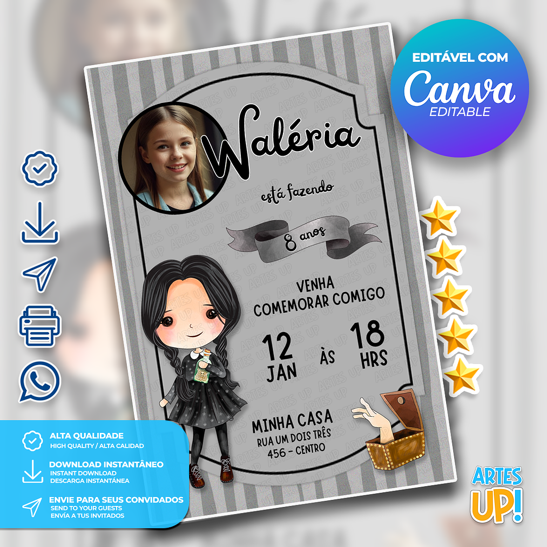 Convite de Aniversário Wandinha Addams com Foto 1