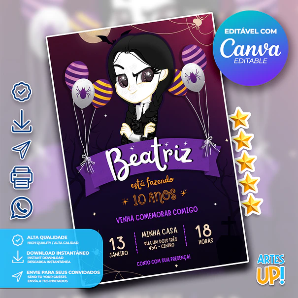 Convite de Aniversário Wandinha Addams 1