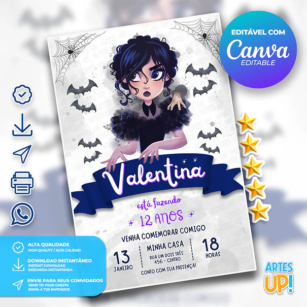 Invitación de cumpleaños con acuarela de Wandinha Addams 1