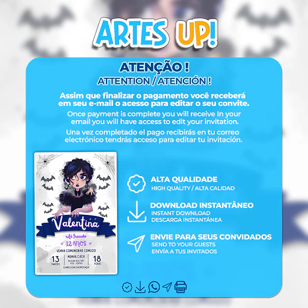 Invitación de cumpleaños con acuarela de Wandinha Addams 2