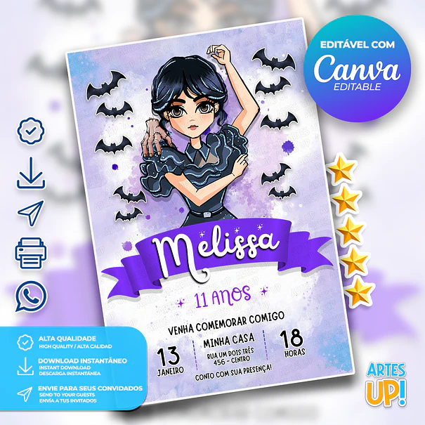 Invitación de cumpleaños con acuarela de Wandinha Addams 1