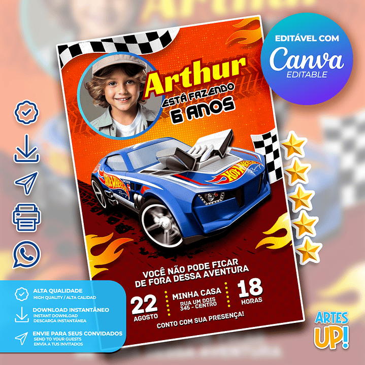 Convite de Aniversário Hot Wheels com Foto 1