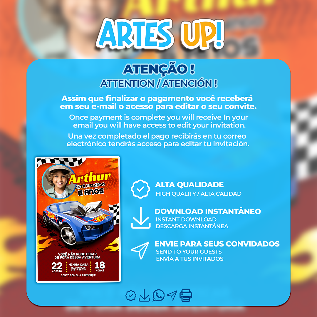 Convite de Aniversário Hot Wheels com Foto 2