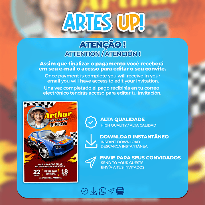 Convite de Aniversário Hot Wheels com Foto 2