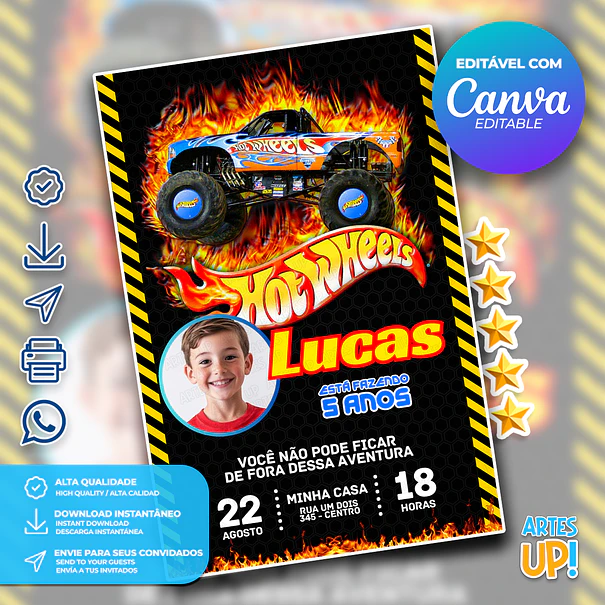 Invitación de cumpleaños de Hot Wheels Monster Truck con foto 1