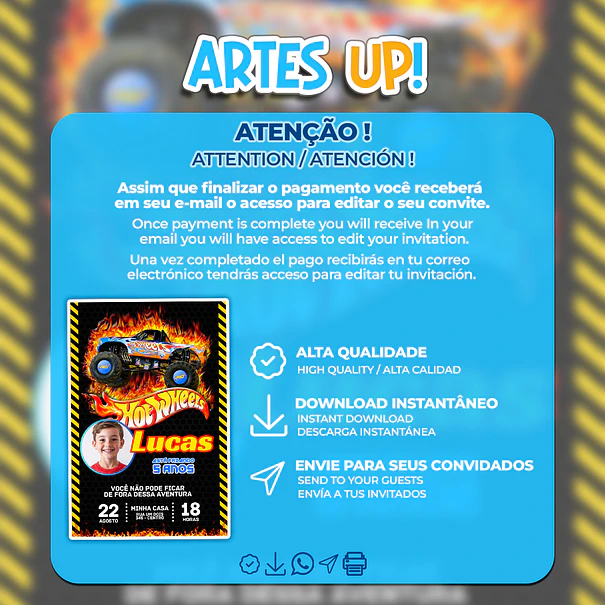 Invitación de cumpleaños de Hot Wheels Monster Truck con foto 2