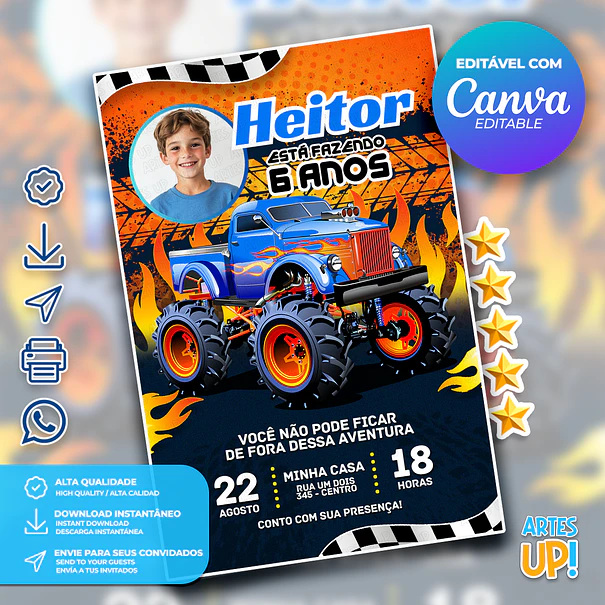 Invitación de cumpleaños de Hot Wheels Monster Truck con foto 1