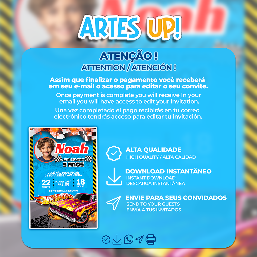 Convite de Aniversário Hot Wheels com Foto 2