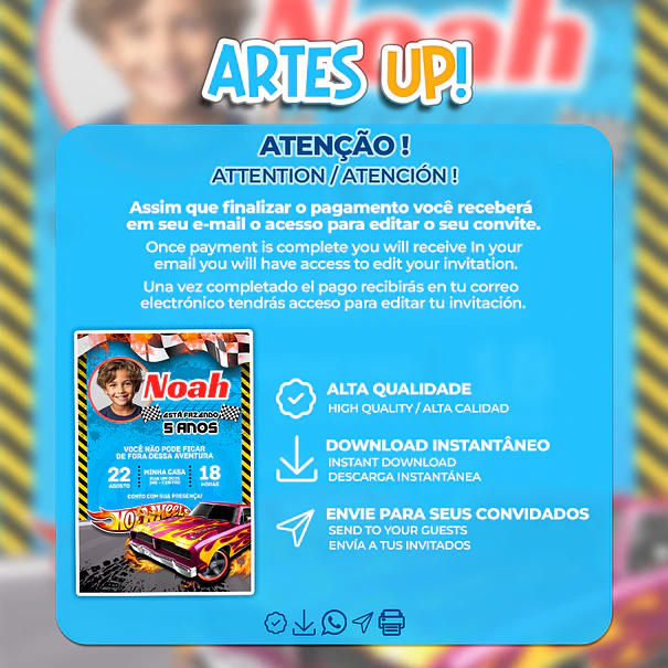 Convite de Aniversário Hot Wheels com Foto 2