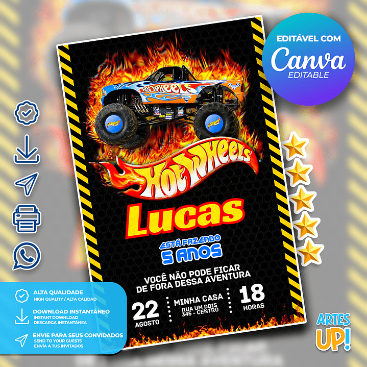 Convite de Aniversário Monster Truck Hot Wheels  1