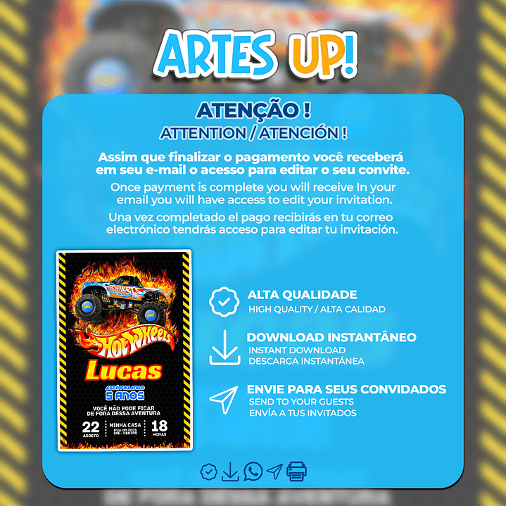 Convite de Aniversário Monster Truck Hot Wheels  2