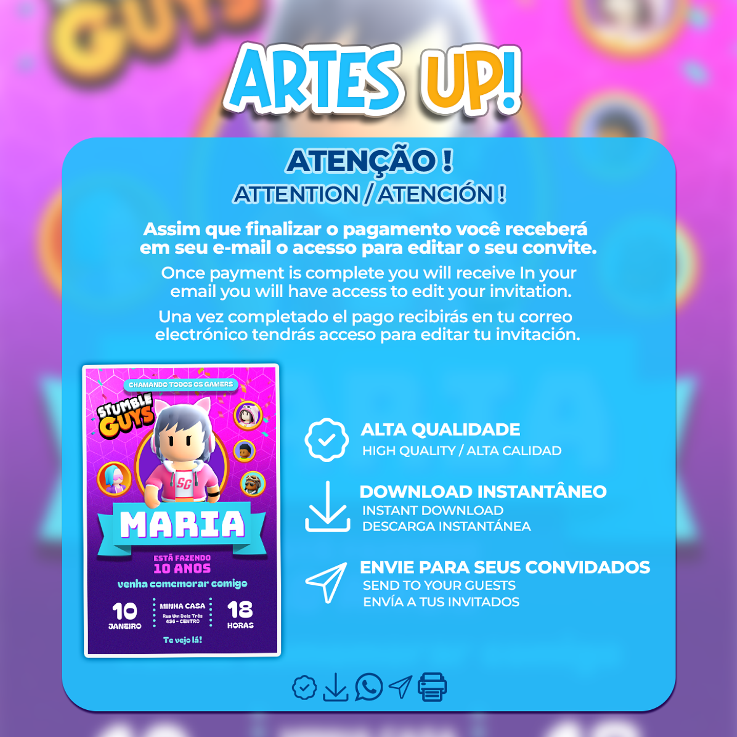 Convite de Aniversário Stumble Guys Menina 2