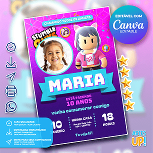 Convite de Aniversário Stumble Guys menina com foto