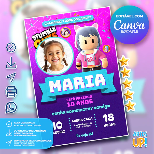 Invitación de cumpleaños de Stumble Guys Girl con foto 1