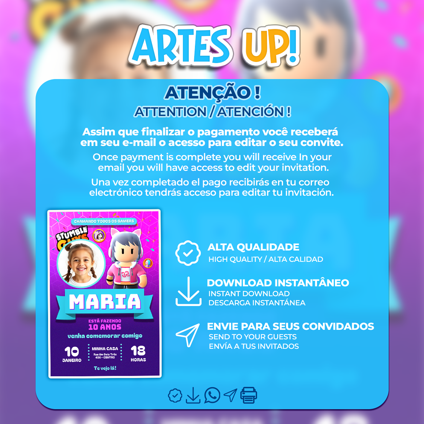 Convite de Aniversário Stumble Guys menina com foto 2