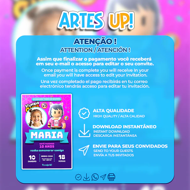 Invitación de cumpleaños de Stumble Guys Girl con foto 2
