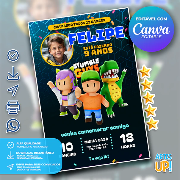 Invitación de cumpleaños de Stumble Guys con foto 1