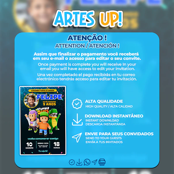 Invitación de cumpleaños de Stumble Guys con foto 2