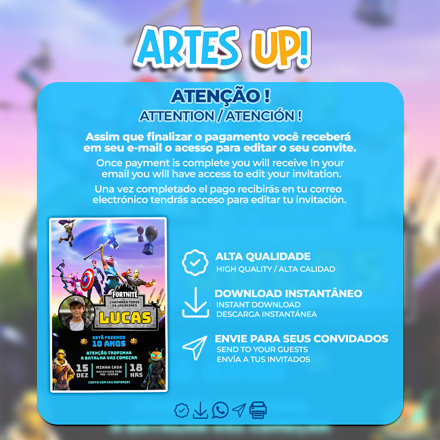 Convite de Aniversário Fortnite com foto 2