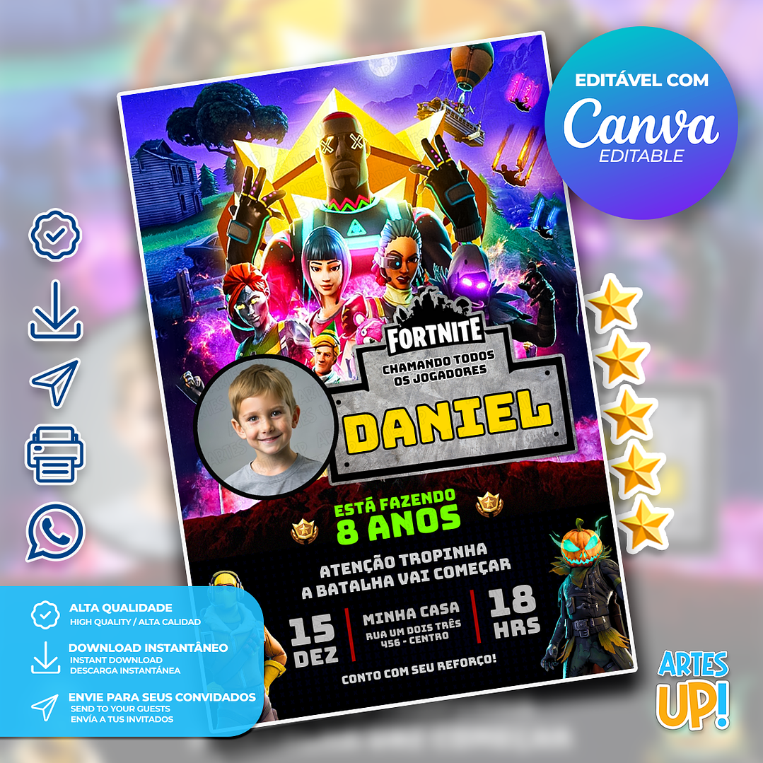 Convite de Aniversário Fortnite com foto 1