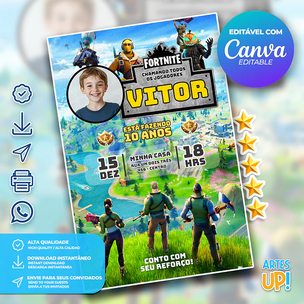 Convite de Aniversário Fortnite com foto  1