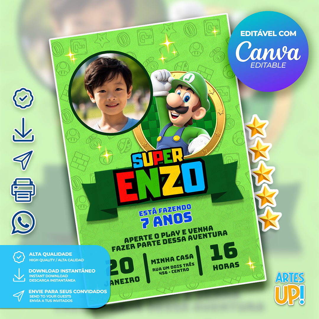 Convite de Aniversário Luigi Super Mario com foto 1